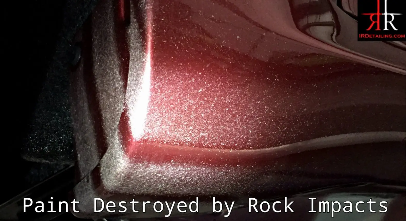 Paint Protection Film (PPF or clear bra) could have prevented the red paint on this 2018 Jeep Trackhawk from being destroyed. It not requires a repaint in areas where no protected panels from the thousands of road debris and rock chip impacts from driving.